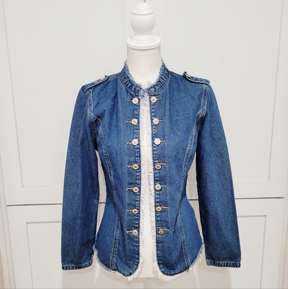 Jackets & Blazers - Open Front Denim Military-Style Jacket - Blue | Size Small